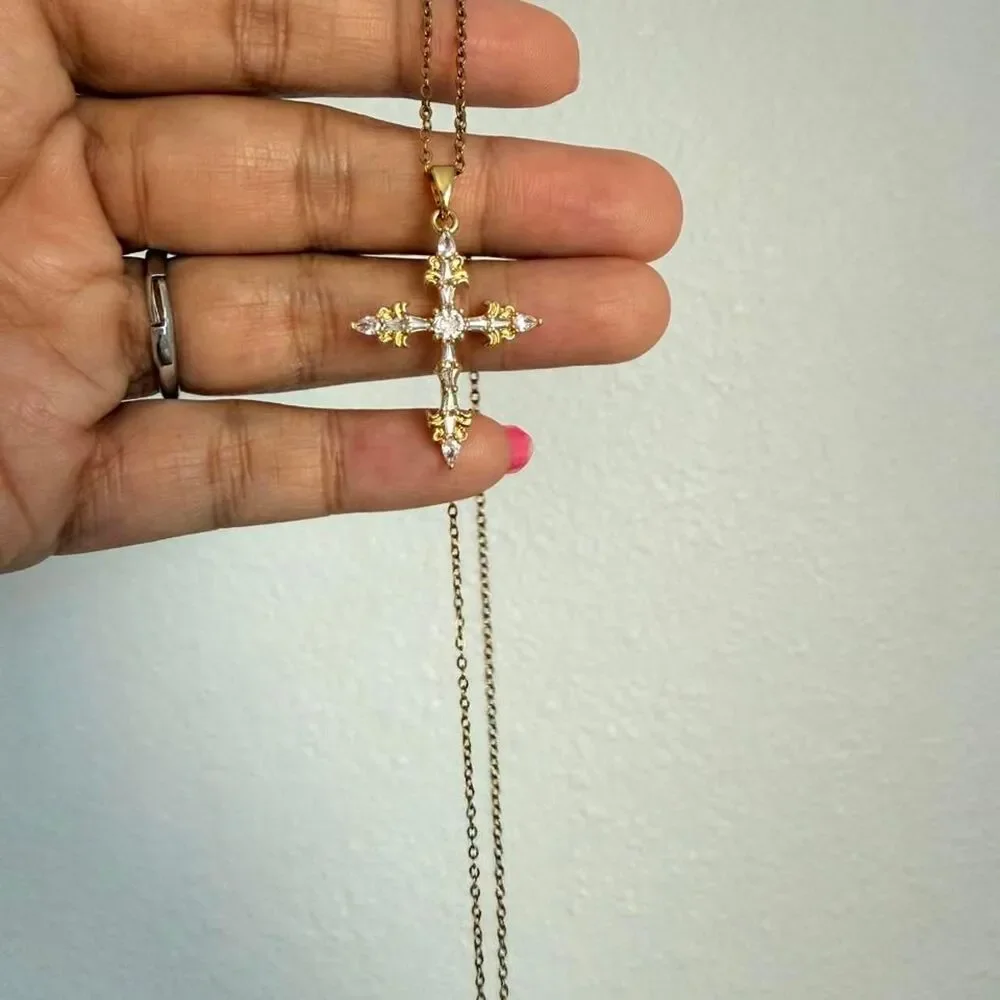 Gold Tone Cross Pendant Necklace | CZ Rhinestones | Adjustable